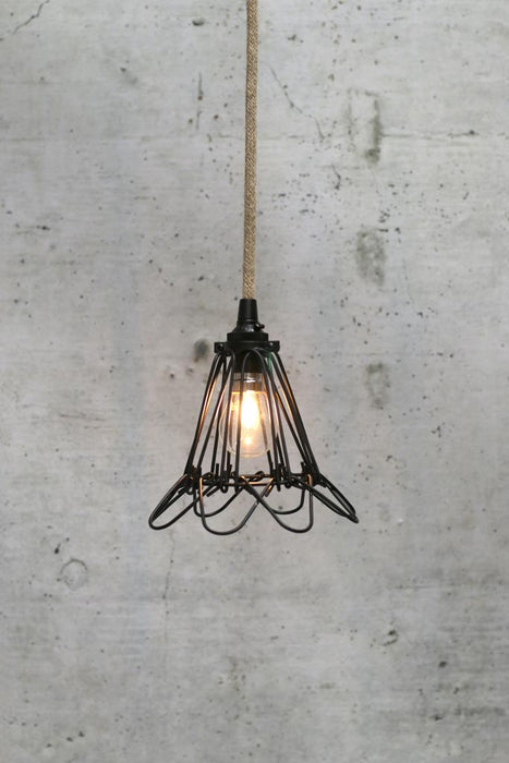 black cage pendant light with jute cord