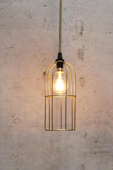 Gold/brass long cage pendant with jute cord
