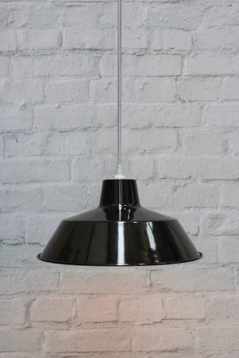Factory pendant shade in black with white cord