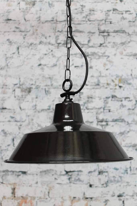 Factory ceiling pendant light. Timeless cool gloss black enamel finish with optional frosted glass cover. Choice of braided cloth light cord or side entry chain suspension light cord