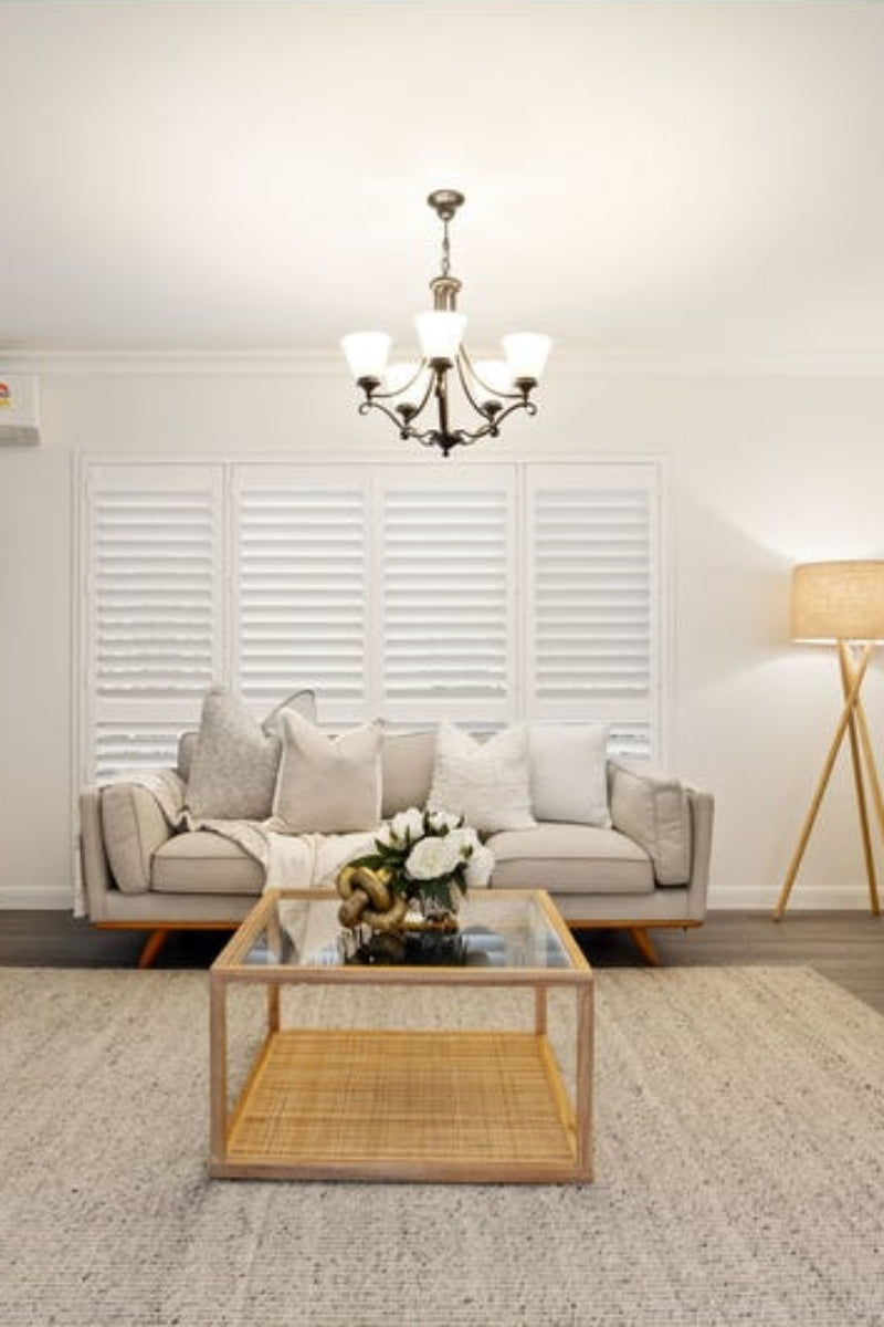 5 light Mandeville Chandelier in a lounge room 