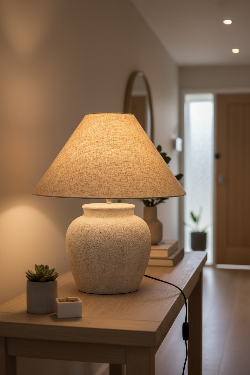 ceramic table lamp sandstone and paired with a fabric drum shade with a natural flax finish on hallway table 