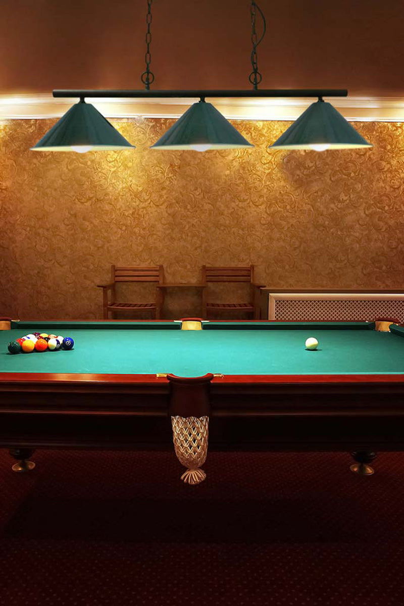 Pool table light with federation green cone shades.