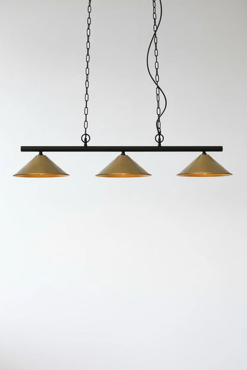 3 Light Pendant with small bright brass cone shades