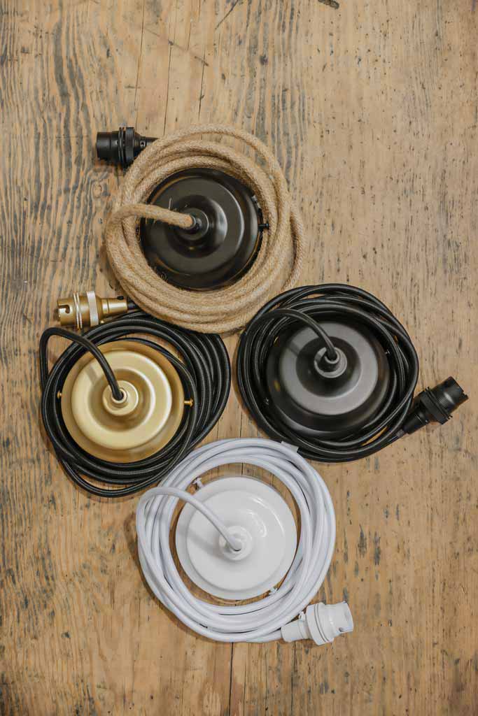 Collection of pendant cords in black, white and jute 