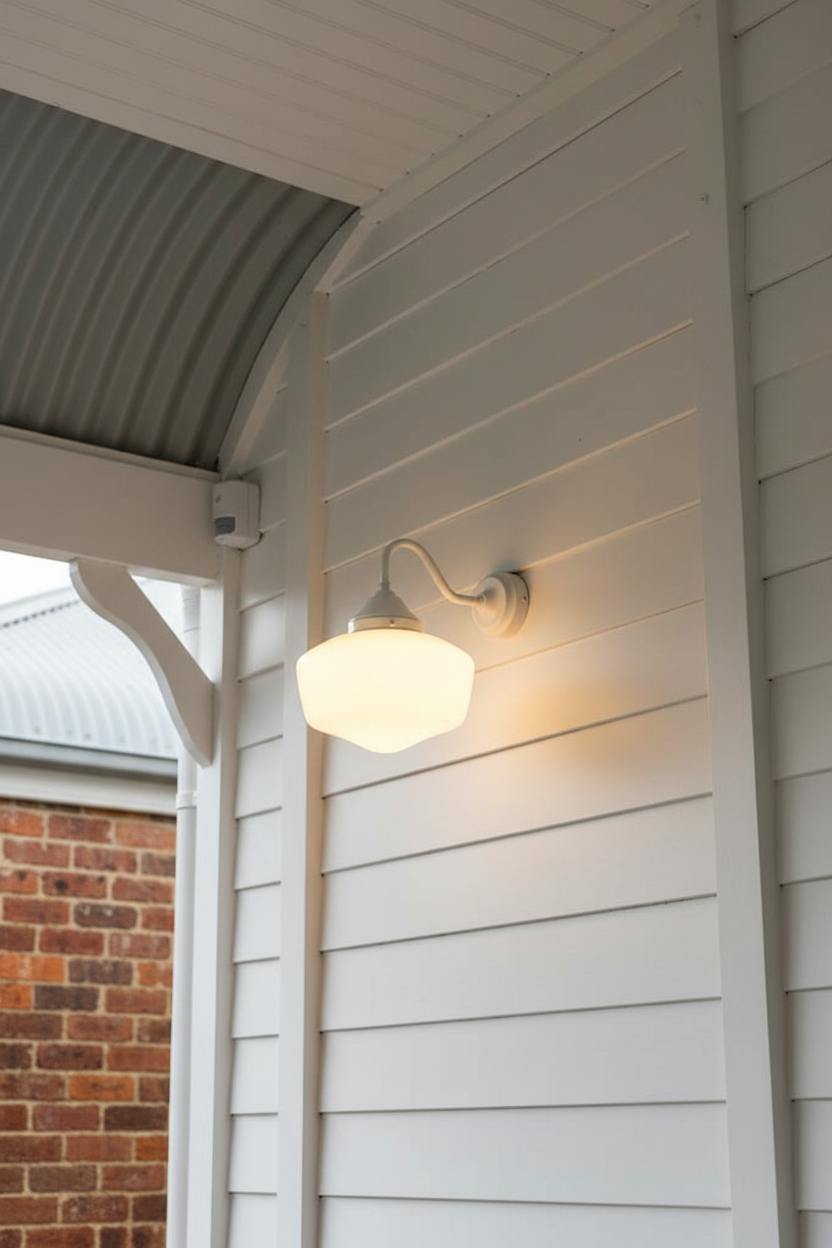 A outdoor wall sconce with a white curved arm and a opal shade, mounted on white horizontal boards of a weatherboard housend glowing with warm light.