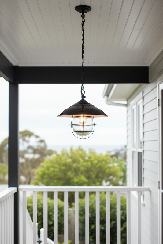Engine Room Hanging Light hanging from a ceiling on a porch with a view of trees.