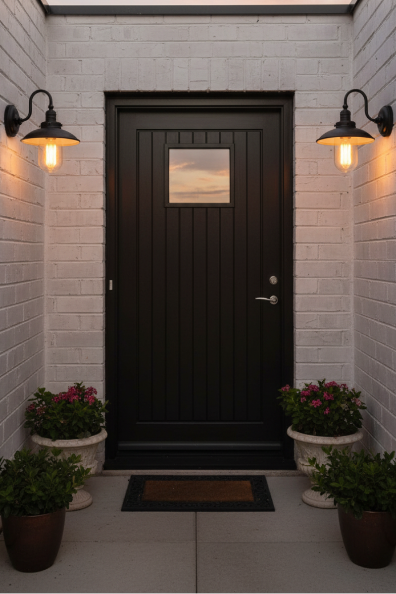 Black door with glass panel flanked by wall lights and potted plants on a white brick wall.