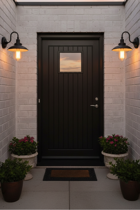 Black door with glass panel flanked by wall lights and potted plants on a white brick wall.