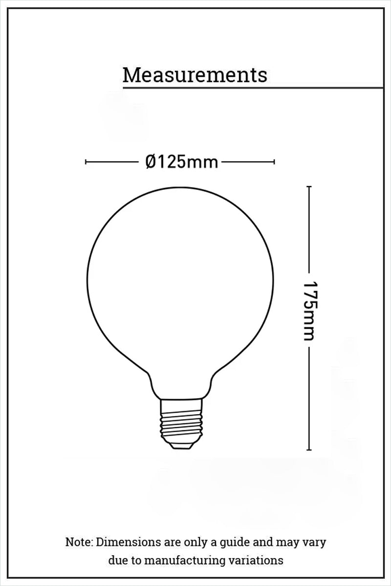 Dimension illustration of the 4W E27 Filament LED G125 Waterfall Round Opal 3000k Bulb. 