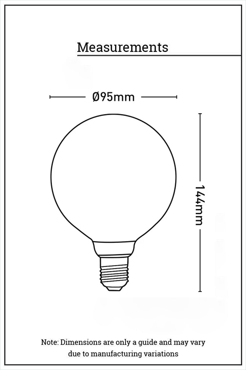 Dimesnion illustration of the Round-amber-bulb-G95 with an E27 base. 