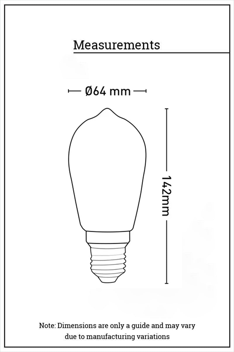 Dimension illustration of the Laser-cut filament amber teardrop LED bulb with E27 base. 