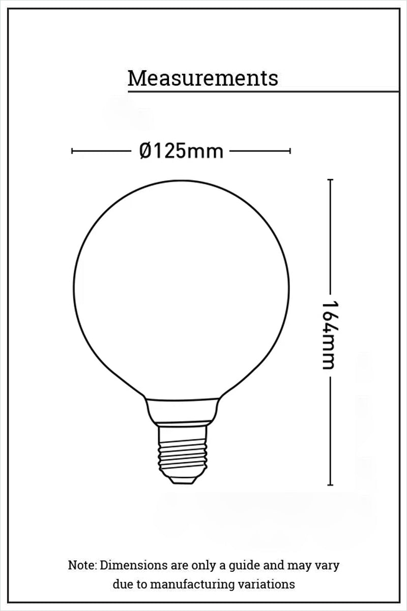 Dimension illustration of the 4W E27 Laser-cut Filament LED G125 Round Amber 1800K Bulb.