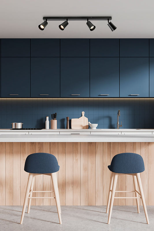 spotlight with 4 lights in black finish over kitchen island