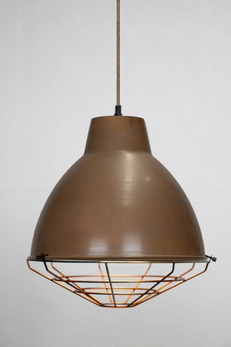 aged brass loft pendant with jute cord and a cage