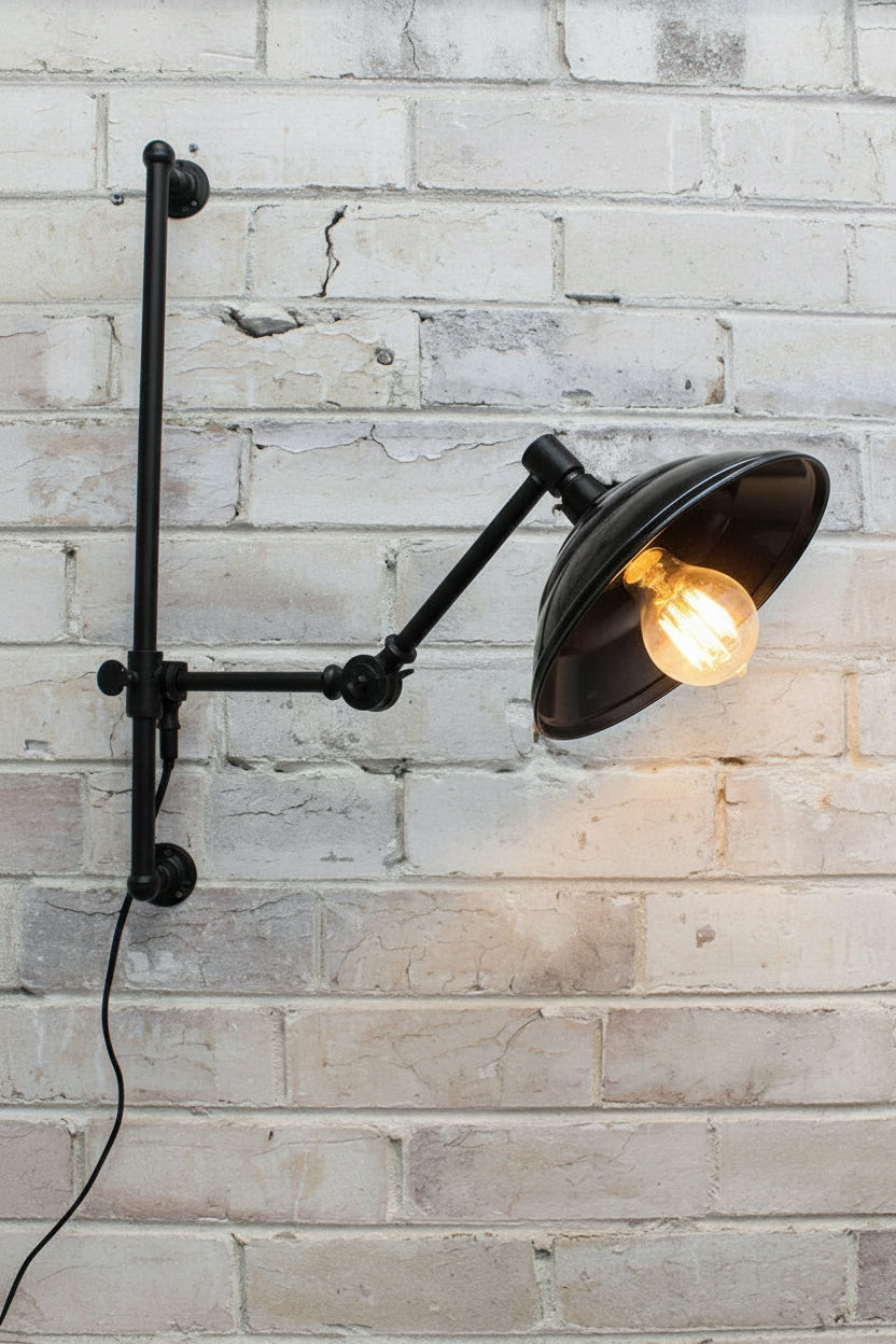 Swing Arm Wall Lamp in black finish with white Bakelite shade