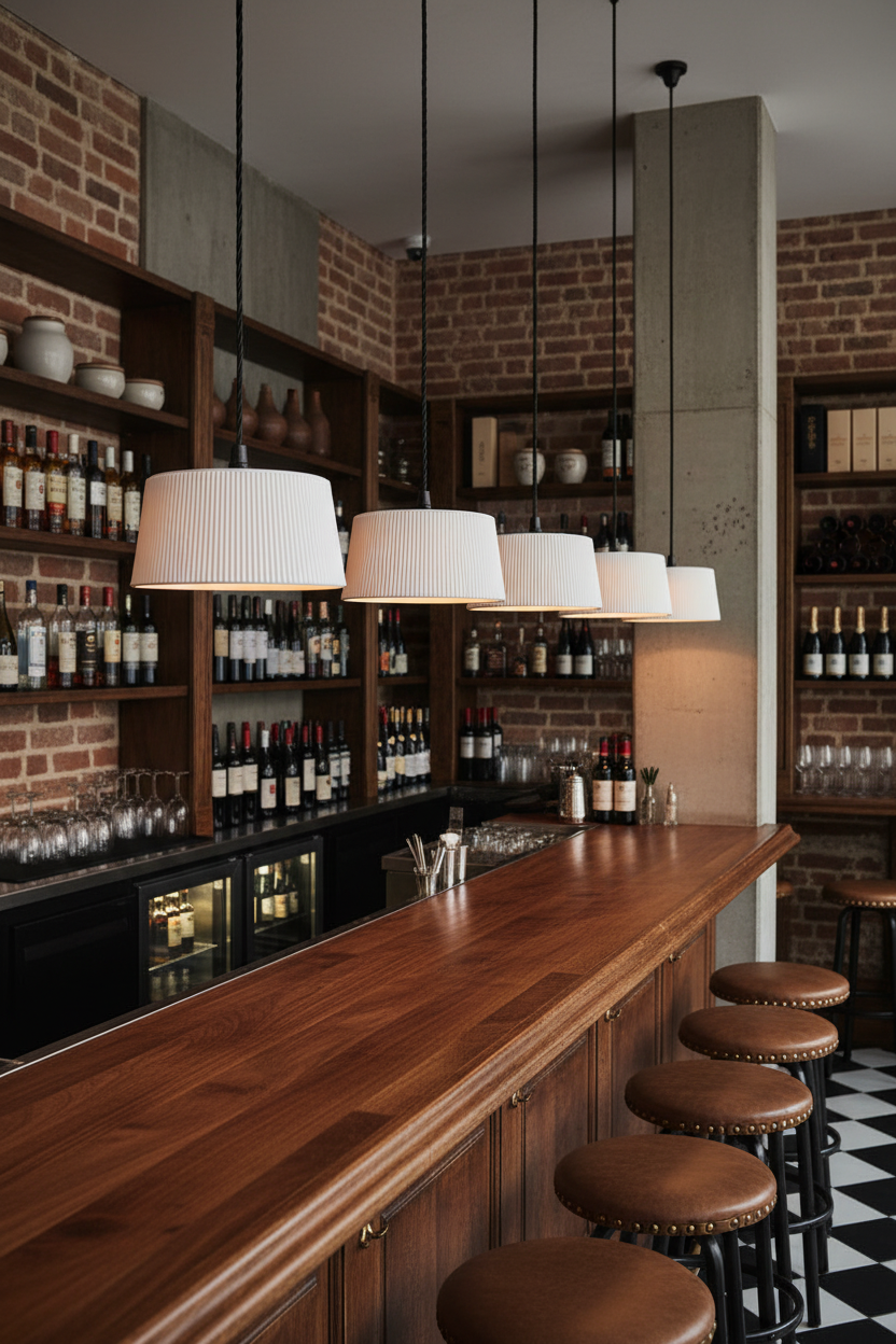French bistro, bar area with wooden counter, stools, and 5 Crosby Pleated Pendant Lights above it.