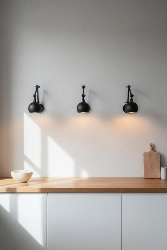 Scandi modern kitchen with 3 adjustable wall sconces mounted above the bench. A highly effective choice for kitchen lighting — functional and sculptural.