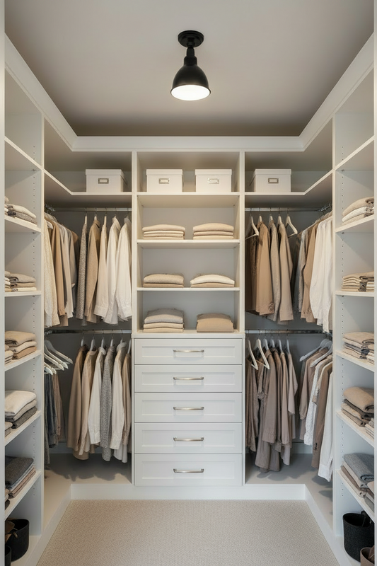 Modern walk-in closet with organized clothing and drawers.