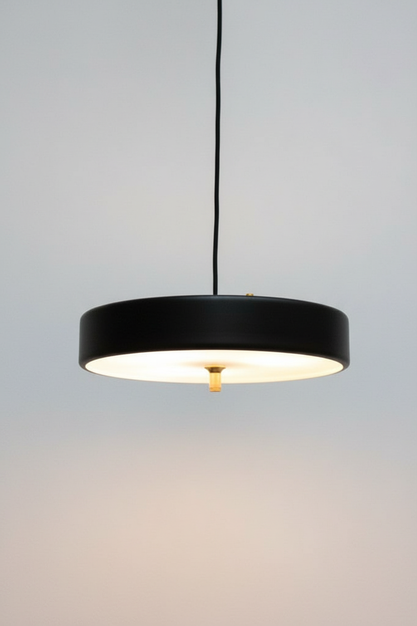 Pendant light with black finish and gold/brass metalware and frosted diffuser