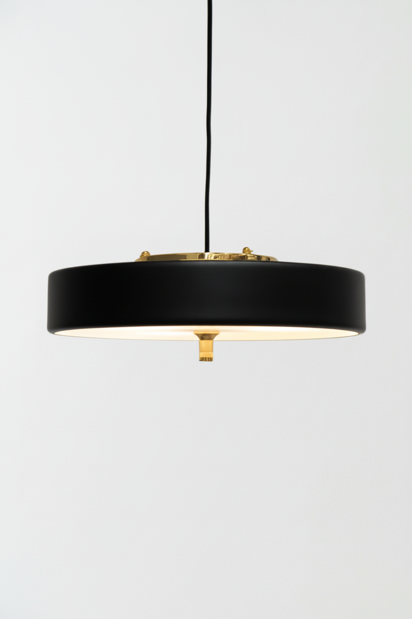 Black pendant light with gold/brass detailing and frosted diffuser