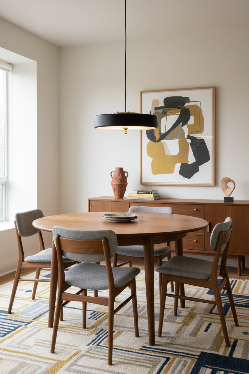 Black pendant light over a dining table. Mid century modern style decor