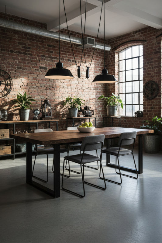 2 Factory Pulley Pendant Lights over dining table in urban style apartment