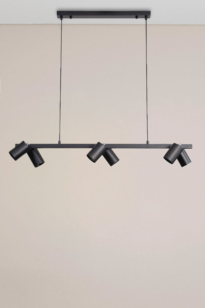 Spotlight pendant with six lights in black finish.