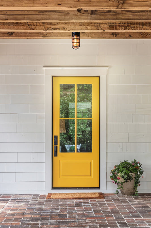 Caged styly ceiling light with glass cover over an inviting entrance way with a bright yellow door. 