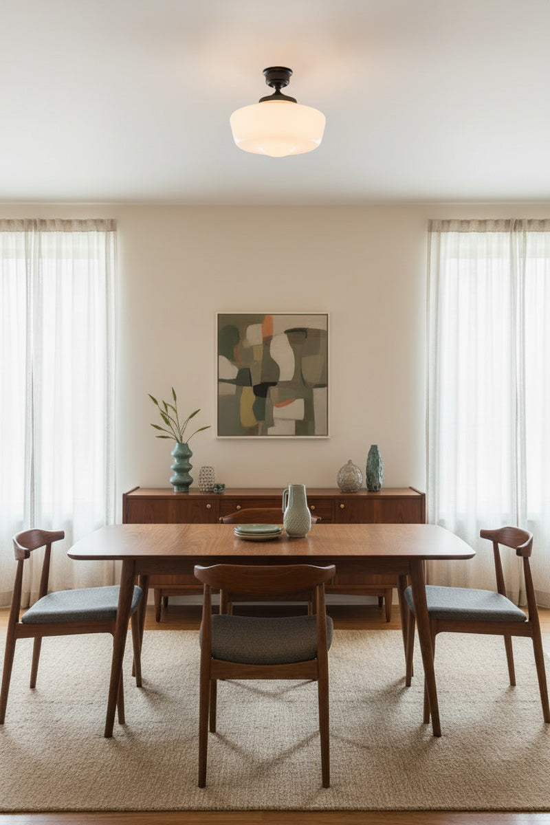 Large opal schoolhouse style shade on a black flushmount fiting over a mid century style dining space. 