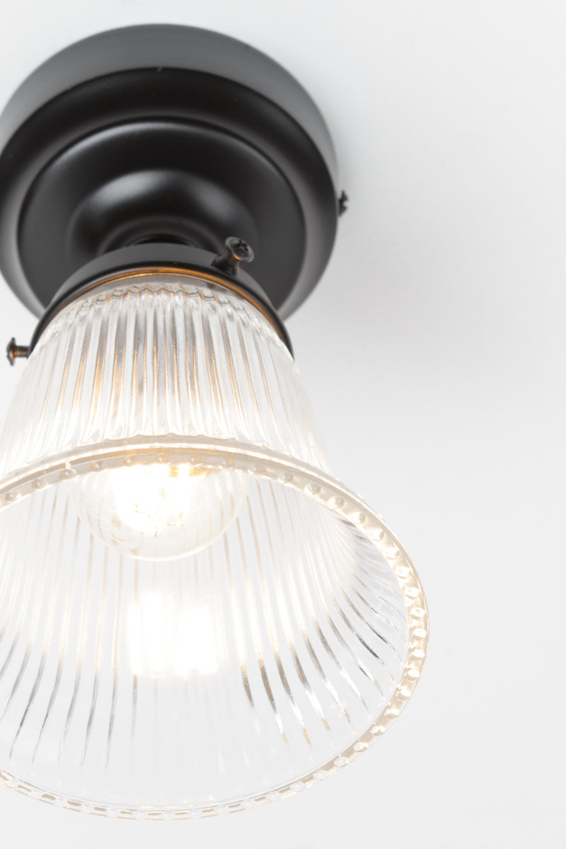 Close up of the small clear glass shade with ribbed shade on a black batten holder. 