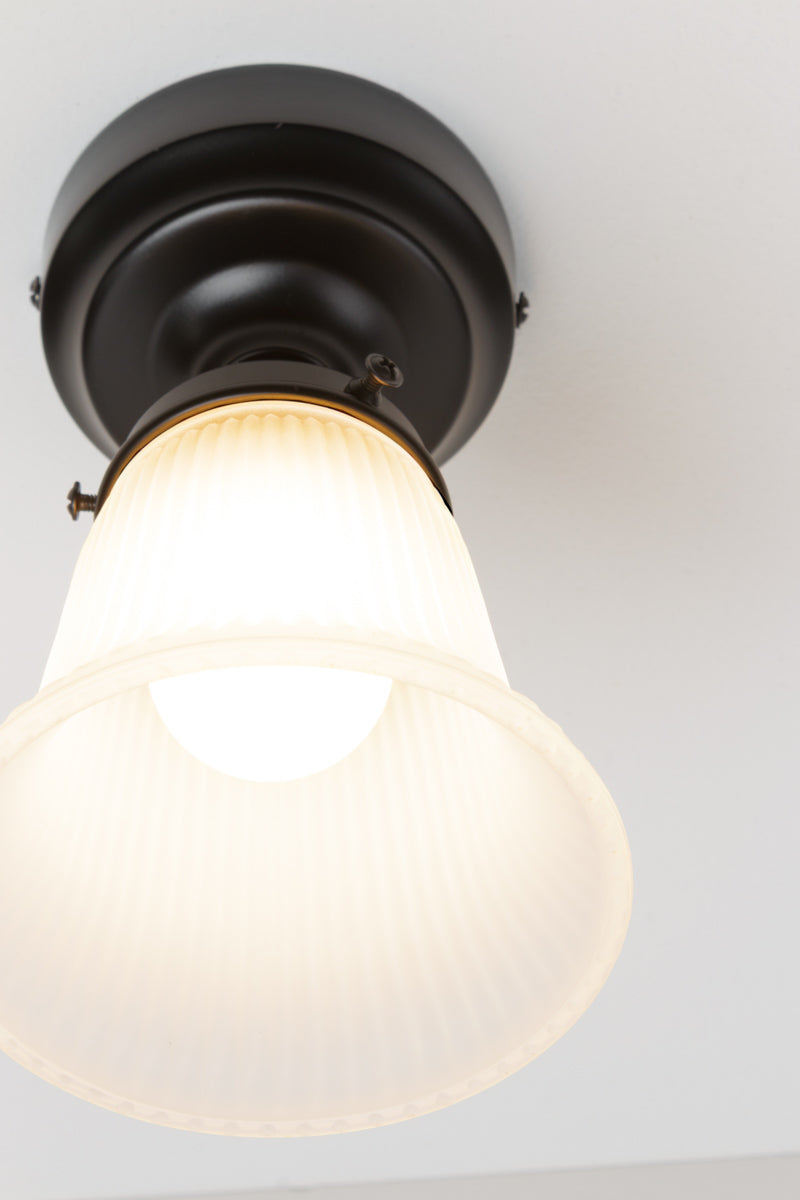 Close up view of the small opal glass shade with ribbed shade on a black batten holder. 