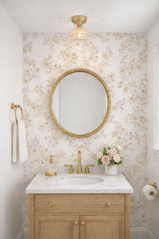 Gold/brass batten holder paired with a glass shade with a scallopped edge and textural detailing on a pretty powderroom. 