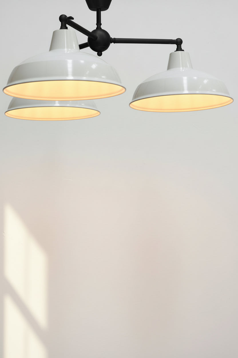 Black 3 arm fixture with white Warehouse shades. 