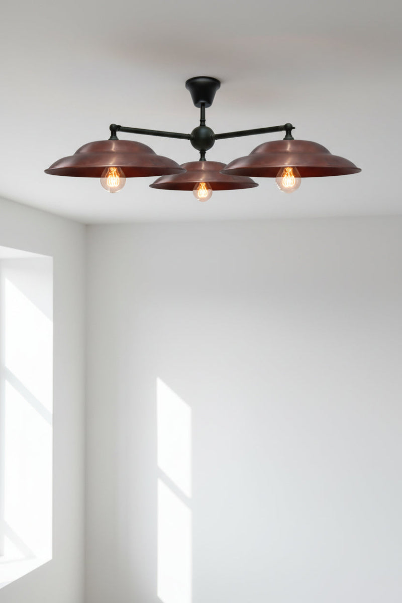 Barn 3 Arm Flush Mount Light with black arm and copper shades