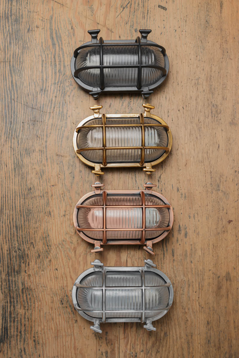 Antique Brass & Ribbed Glass Outdoor Vintage Oval Flush Bulkhead Wall Antique Brass & Ribbed Glass Outdoor Vintage Oval Flush Bulkhead Wall