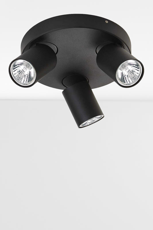 Black finished 3 lamp spot light on a round mounting plate. 