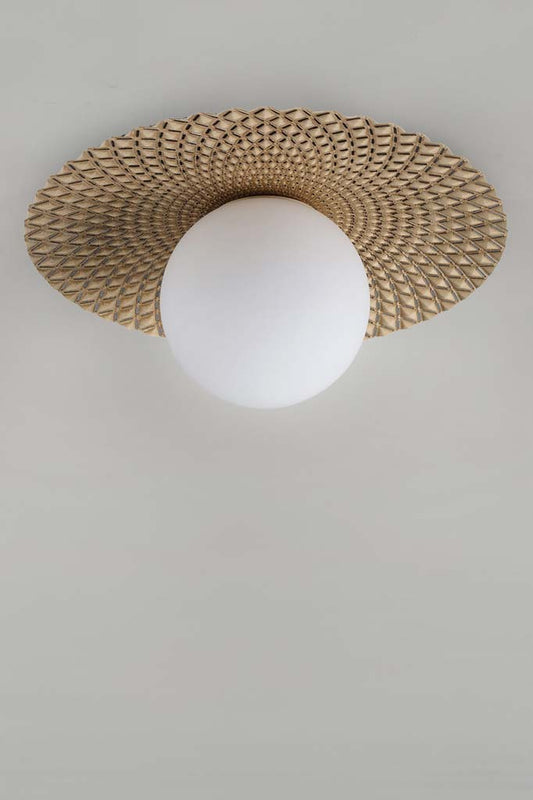 Close up of the Maramingo Glass Ceiling Light in Black, with a gold metal flat design and opal glass ball 