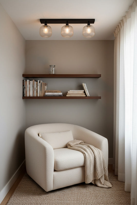 A cozy corner room featuring a armchair with a beige throw blanket, a pair of floating dark wood shelves and a black three-light ceiling fixture with glass shades. Perfect for nooks