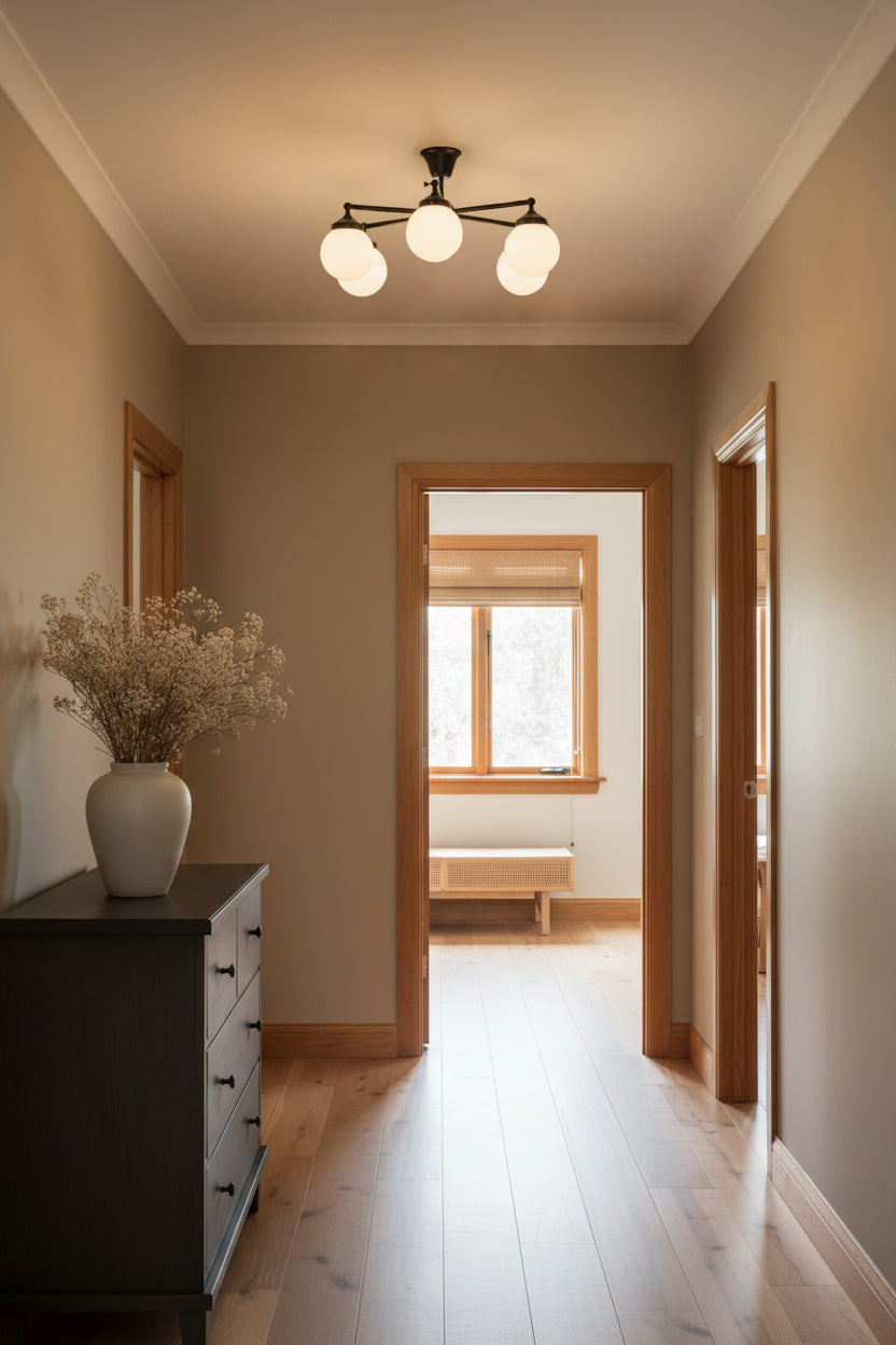 5 Glass Ball Flush Mount light in hallway