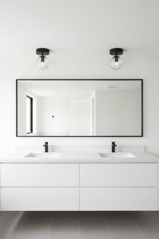 Two clear orb shade with dimpl detailing over a double vanity. 