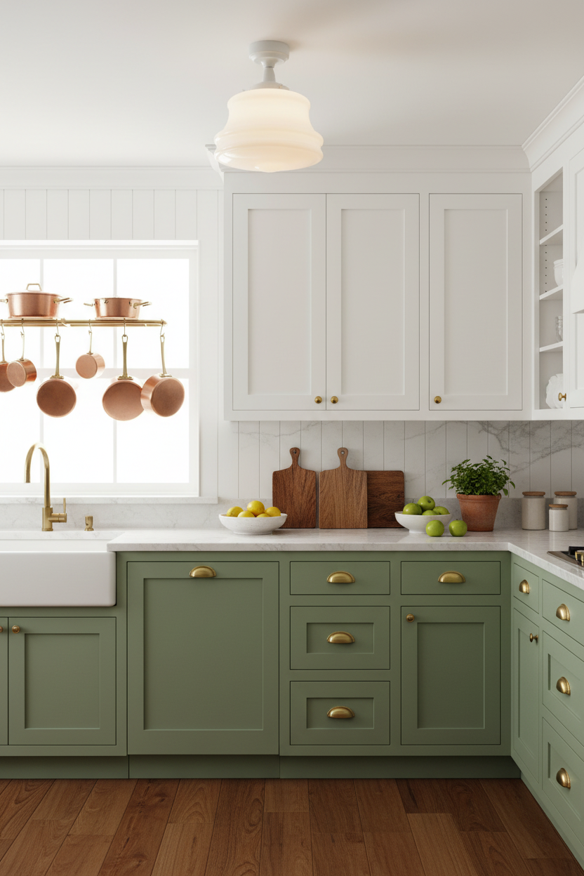 A bright, modern kitchen featuring white shaker-style cabinets with brass handles, a white farmhouse sink, and flush mount large opal glass shade
