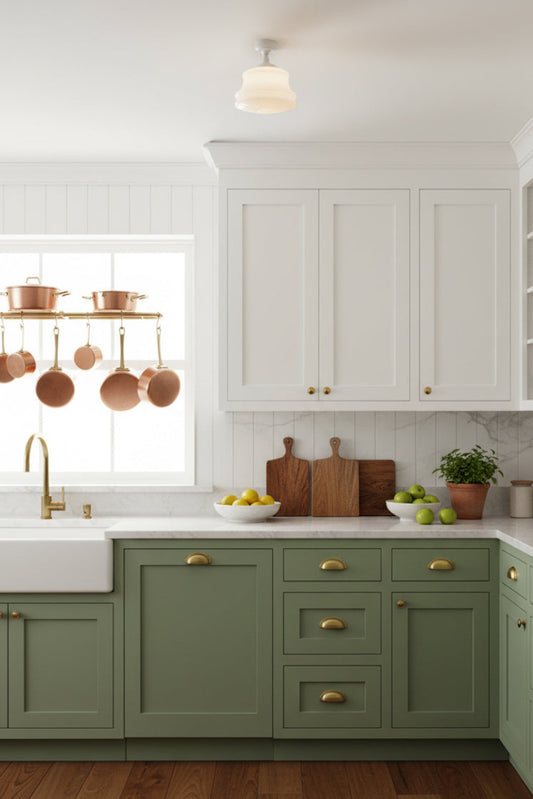 A bright, modern kitchen featuring white shaker-style cabinets with brass handles, a white farmhouse sink, and flush mount large opal glass shade