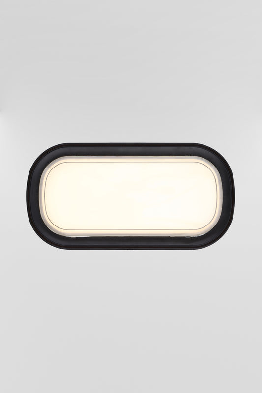 Front view of the black framed polycarbonate rectanguler bunker light. 