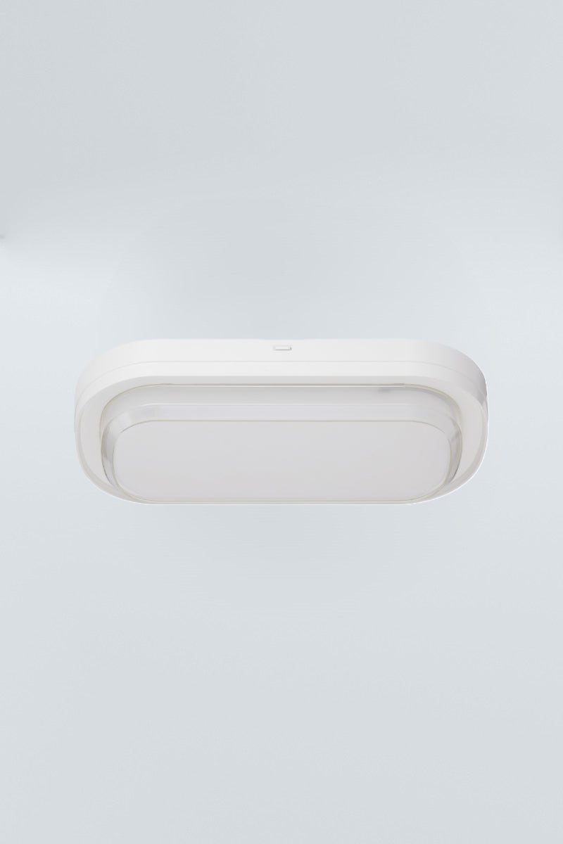 Top view of the white framed polycarbonate rectanguler bunker light, with the LED light source turned off.  
