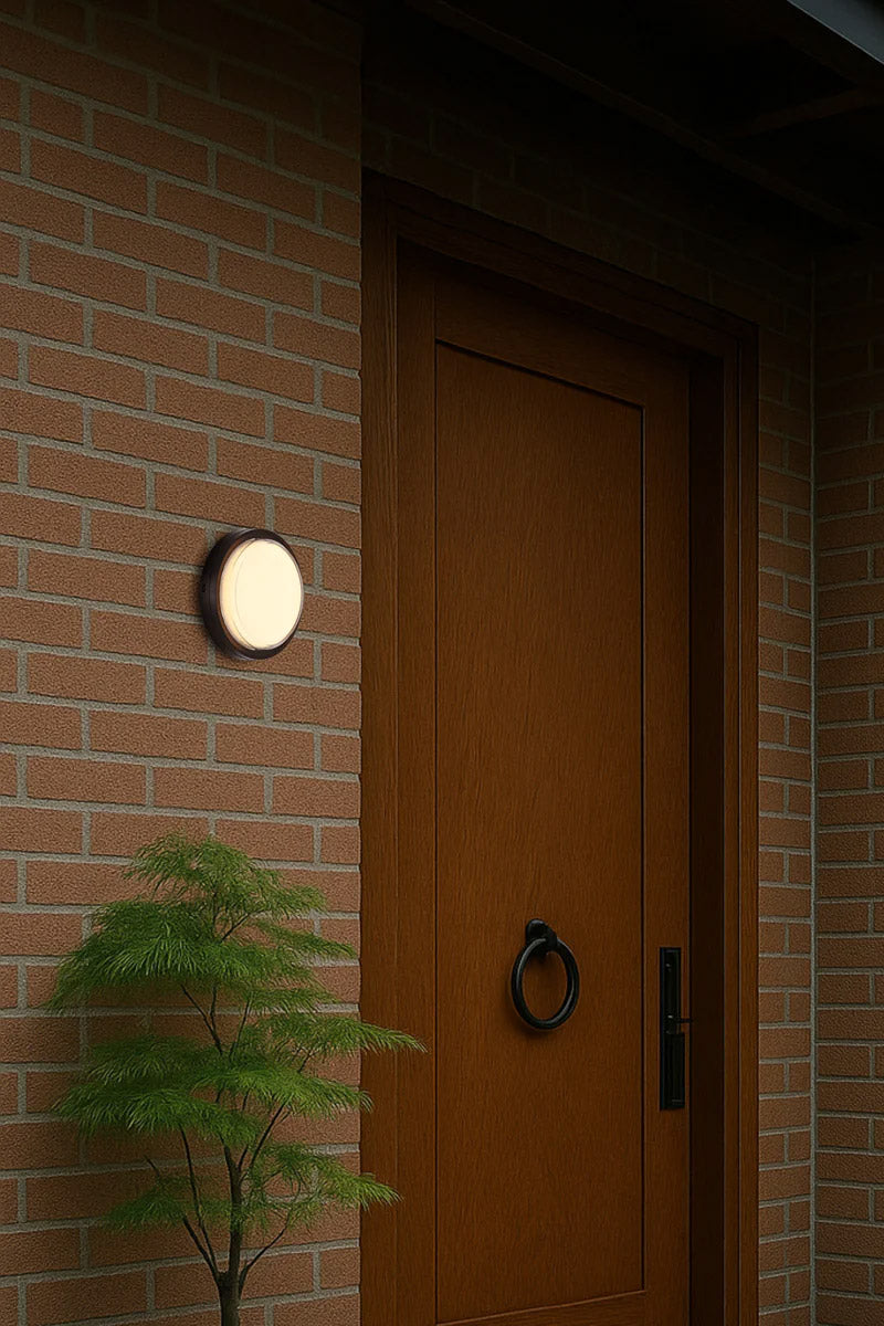 Round polycarbonate bunker light with black frame next to a japandi style front door. 
