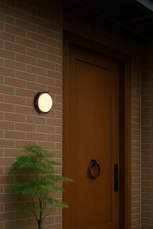Round polycarbonate bunker light with black frame next to a japandi style front door. 