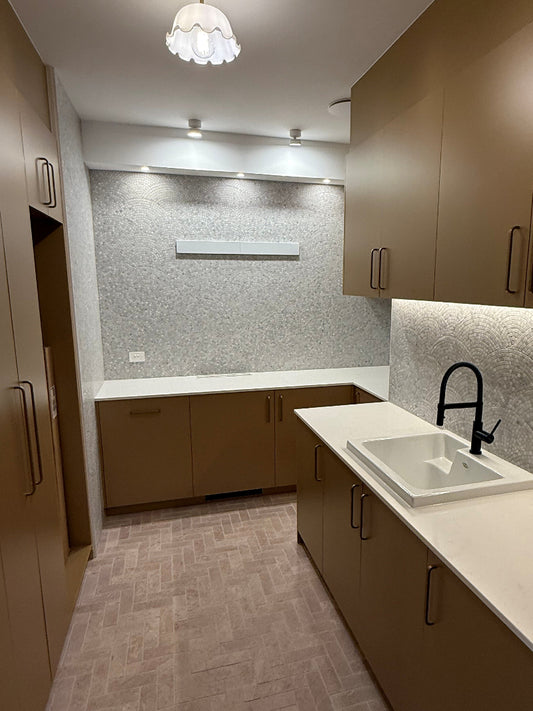 Gold-brass-batten-holder-on opal shade in laundry