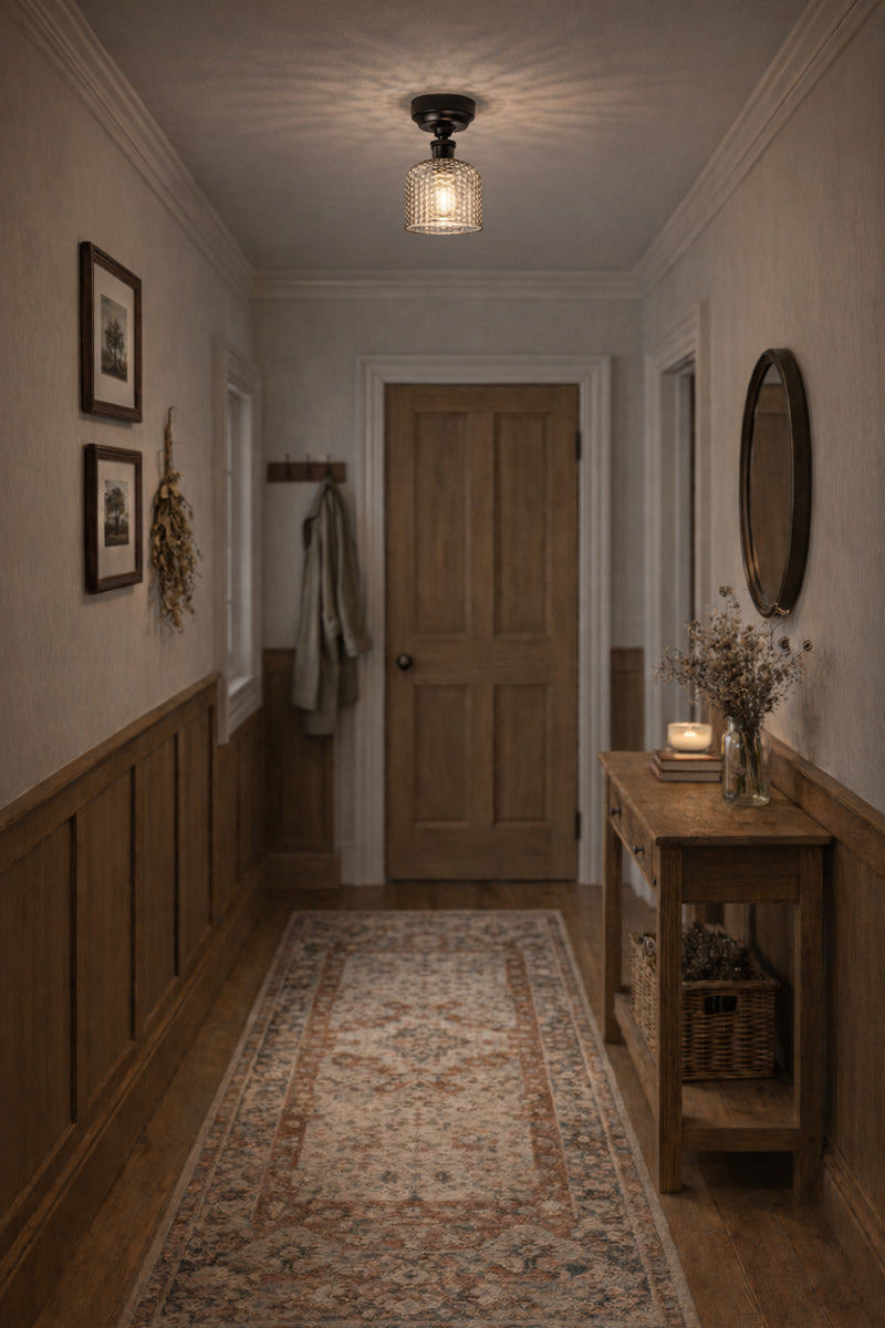 Clear glass shade with bubble detailing, paired with a black batten holder in a farmhouse style hallway.