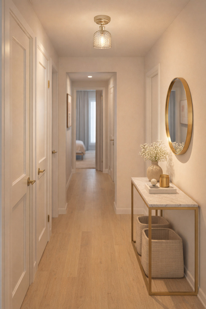 Clear glass shade with bubble detailing, paired with a gold/brass batten holder in a contemporary style hallway.